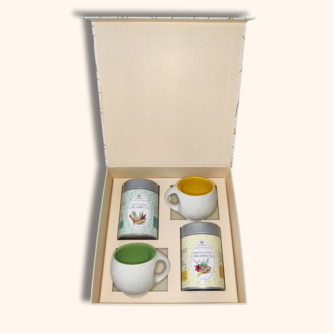 Light Yellow Preserva Wellness Tea Gift Box with two white mugs and two small tea containers- Daily Diagemax Tea and Immune Boosting Tea