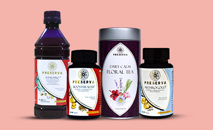 Preserva Wellness Thyropro Juice, Boosthealth Tablets, Daily Calm Floral Tea, and Arthrogold Tablets