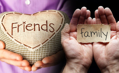 hands holding friends pillow and family paper cutting
