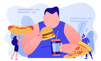 Vector of unhealthy eating habits. A person is shown eating a burger, pizza, hotdog and soda.