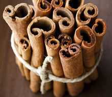 Cinnamon sticks tied together on a powdered table