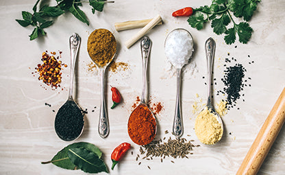 Spoons filled with different spices and herbs