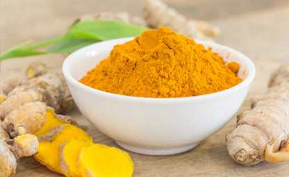 Curcumin powder in a white bowl next to organic and pure sliced curcumin