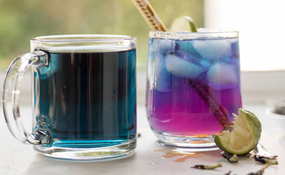 Blue Pea Flower Tea in glass pot and glass with Shankhpushpi