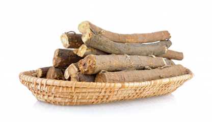 Organic Ashwagandha dry roots in a wooden basket