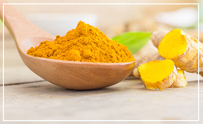 Spoon filled with curcumin powder next to organic curcumin slices