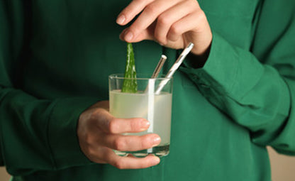 A glass filled with aloe vera juice and a sliced aloe vera in it