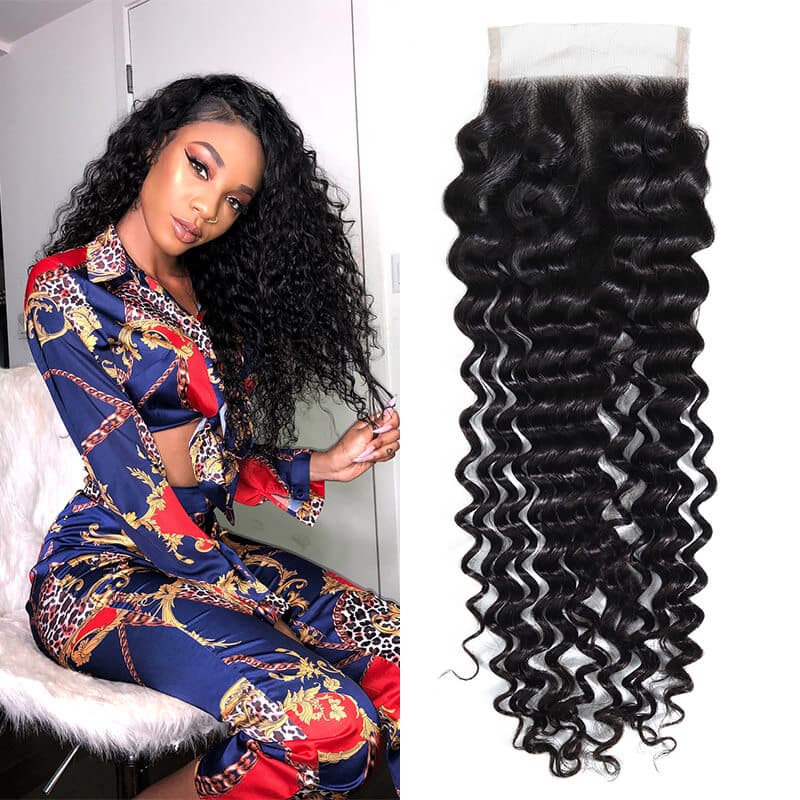 Cheap 4x4 Pre Plucked Deep Wave Lace Closure Non Remy Middle Free Part Closure