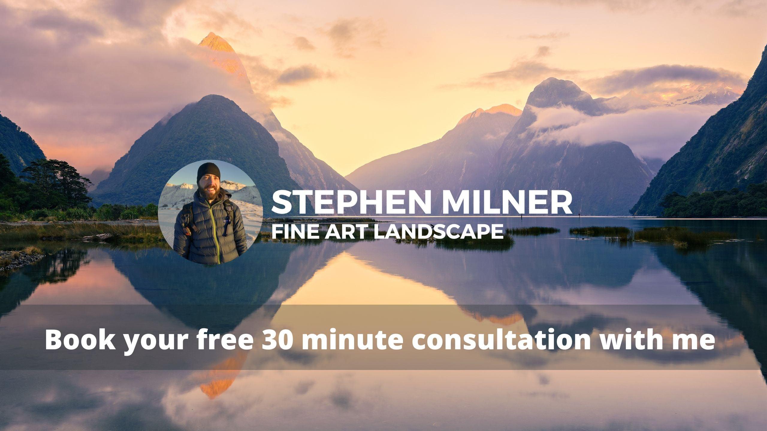 A call-to-action image, inviting viewers to contact Stephen Milner for an immersive photography experience in New Zealand.