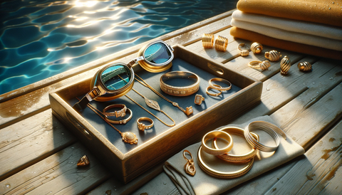 Elegantly arranged gold vermeil jewelry, including rings, necklaces, and bracelets, placed beside swimming goggles against a serene pool background. The image symbolizes the importance of removing and safely storing gold vermeil jewelry before excercising, emphasizing careful preservation and maintenance in a luxurious, poolside setting.