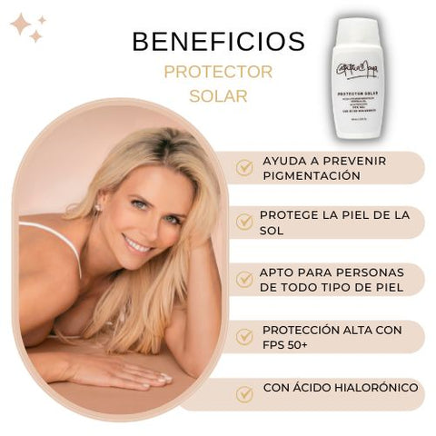 Imagen de producto protector solar que muestra una mujer posando con el producto Catalina Maya y un listado de cinco beneficios del uso del protector solar