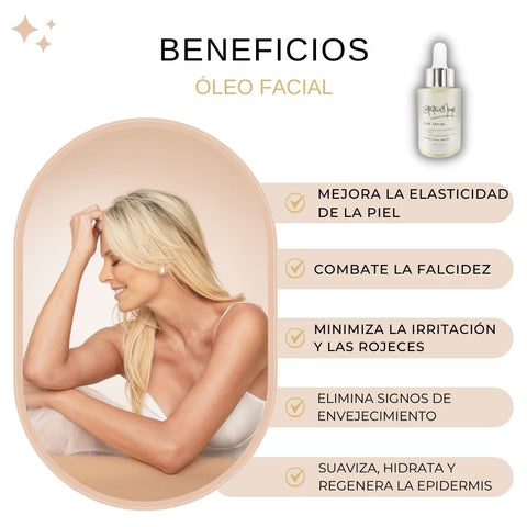 Imagen de Catalina Maya y los beneficios del Óleo Facial, como por ejemplo que mejora la elasticidad de la piel y combate la flacidez
