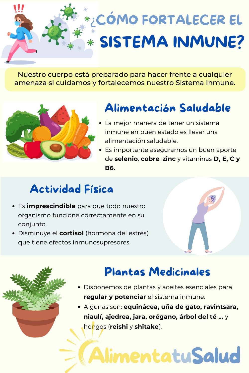 Com enfortir el sistema immunitari de manera natural? El nostre cos està preparat per fer front a qualsevol amenaça si tenim cura i enfortim el sistema immune. L'alimentació saludable és la millor manera de tenir el sistema immune en bon estat. És important assegurar-nos una bona aportació de seleni, coure, zinc i vitamines D, E, C i B6. L'activitat física és imprescindible perquè tot el nostre organisme funcioni correctament en conjunt. Disminueix el cortisol (hormona de l'estrès) que té efectes immunosupressors. És imprescindible perquè tot el nostre organisme funcioni correctament en conjunt. Disminueix el cortisol (hormona de l'estrès) que té efectes immunosupressors.