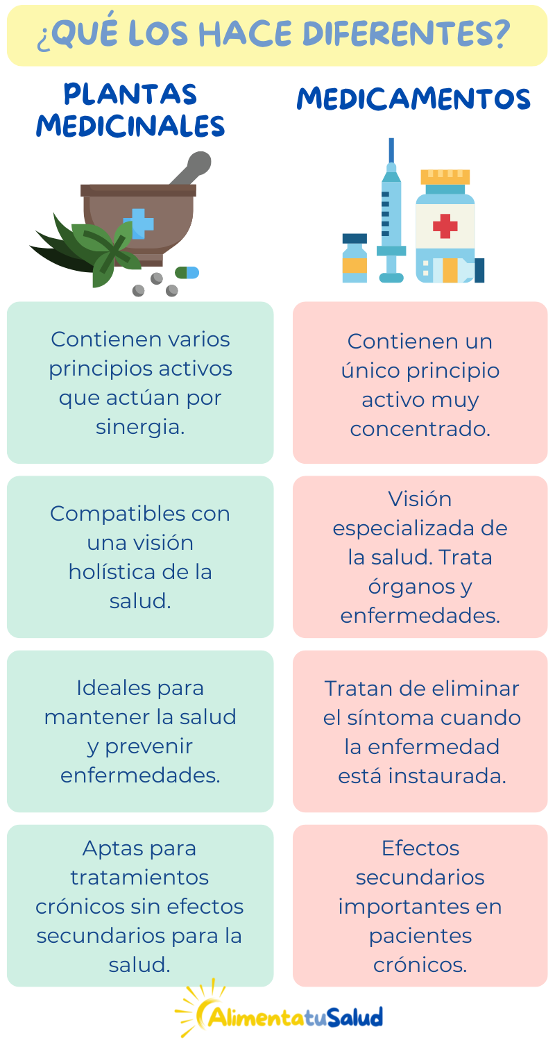 quines diferències hi ha entre les plantes medicinals i els medicaments, les plantes medicinals serveixen per mantenir la salut i prevenir malalties, tractaments en malalties cròniques, menors efectes secundaris, les plantes medicinals busquen la salut integral.