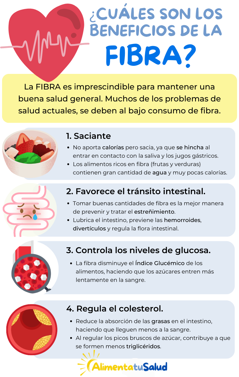 Quins són els beneficis de la fibra? La FIBRA és imprescindible per mantenir una bona salut general. Molts dels problemes de salut actuals, es deuen al baix consum de fibra. Saciant: No aporta calories però sacia, ja que s'infla en entrar en contacte amb la saliva i els sucs gàstrics. Els aliments rics en fibra (fruites i verdures) contenen una gran quantitat d'aigua i molt poques calories. 2. Afavoreix el trànsit intestinal. Prendre bones quantitats de fibra és la millor manera de prevenir i tractar el restrenyiment. Lubrica l'intestí, prevé les hemorroides, diverticles i regula la flora intestinal. 3. Controla els nivells de glucosa. La fibra disminueix l'Índex Glucèmic dels aliments, fent que els sucres entrin més lentament a la sang.4. Regula el colesterol. Redueix l'absorció dels greixos a l'intestí, fent que arribin menys a la sang. En regular els becs bruscos de sucre, contribueix que es formin menys triglicèrids.