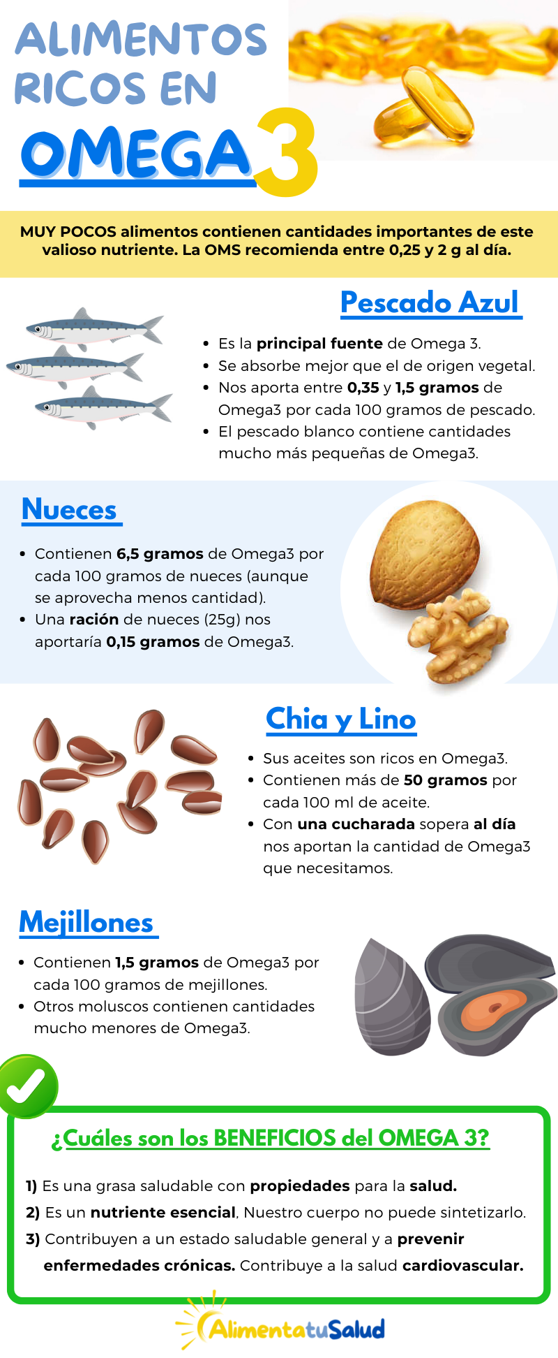 alimentos ricos en omega3, pescado azul, nueces, chia, lino, mejillones, que alimentos contienen omega3, beneficios del omega3 para la salud, dónde se encuentra el omega3, que alimentos aportan omega 3