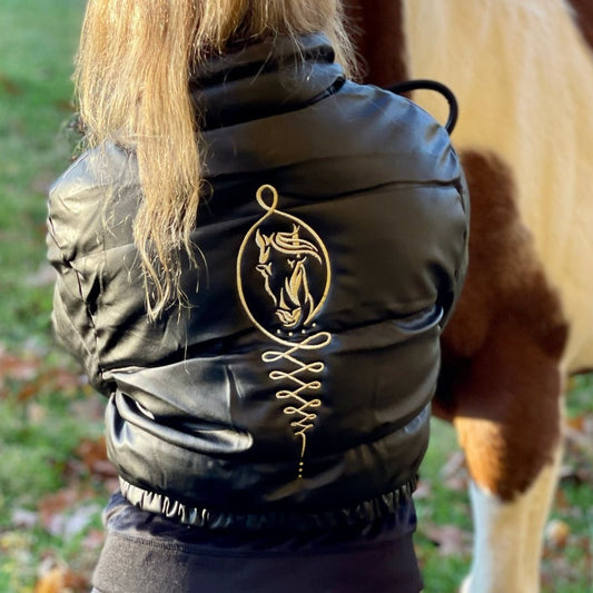 Embroidered Gold Horse Logo Shiny Faux Leather Puffer Jacket - Camaroha Sutra