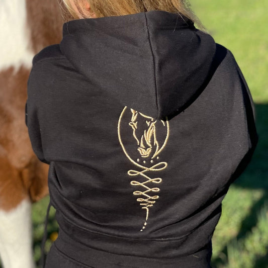 Embroidered Off White Horse Logo Black Faux Leather Puffer Jacket