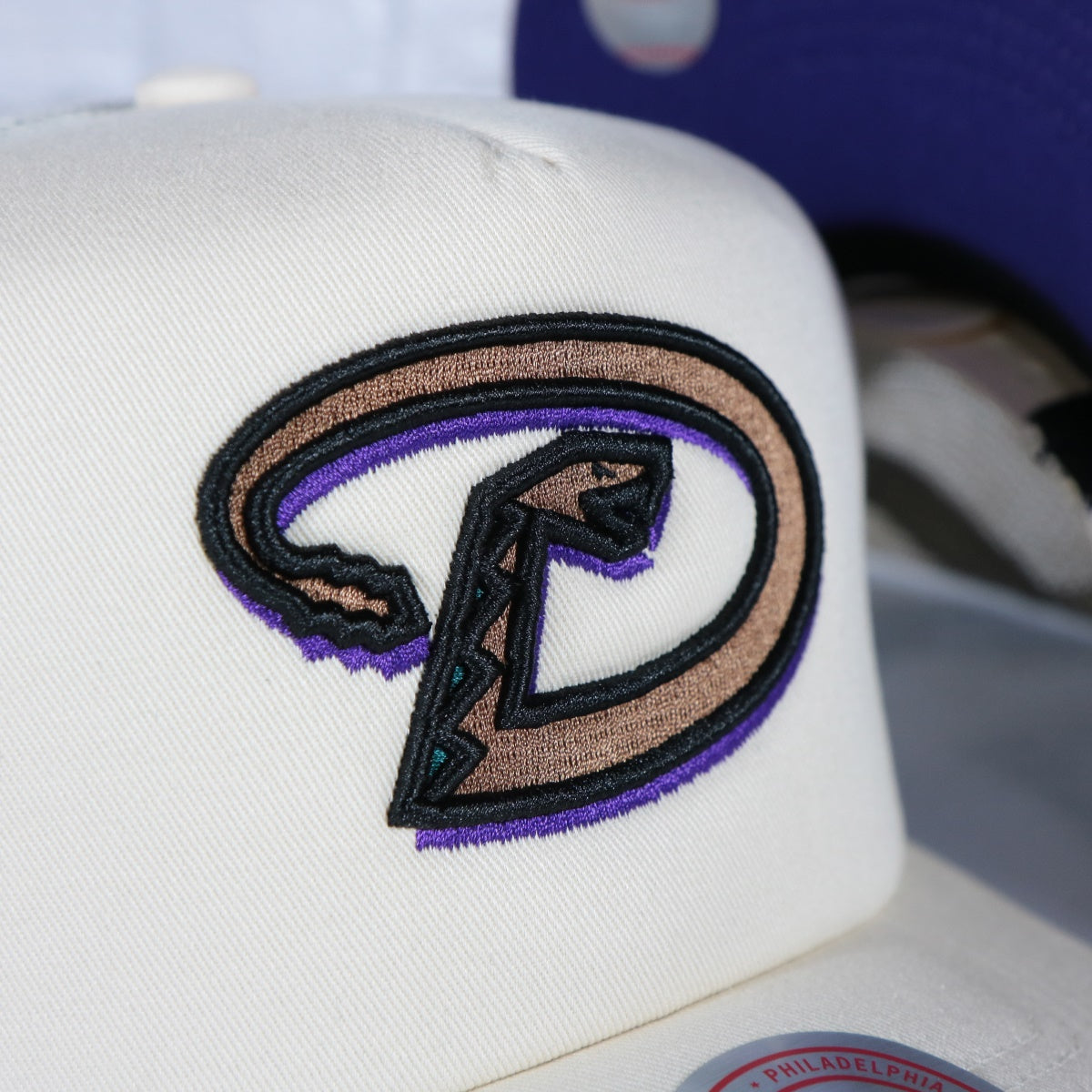 diamondbacks logo on the Arizona Diamondbacks Cooperstown Evergreen Pro Purple bottom | Off White Trucker Hat