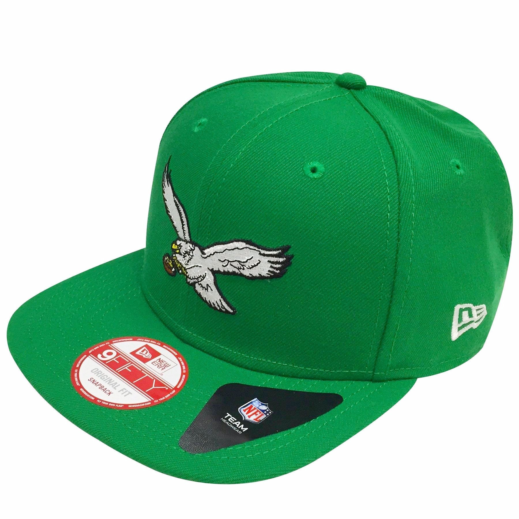 the philadelphia eagles kelly green vintage snapback hat has a kelly green structured crown, a kelly green flat brim, and a new era logo embroidered in solid white