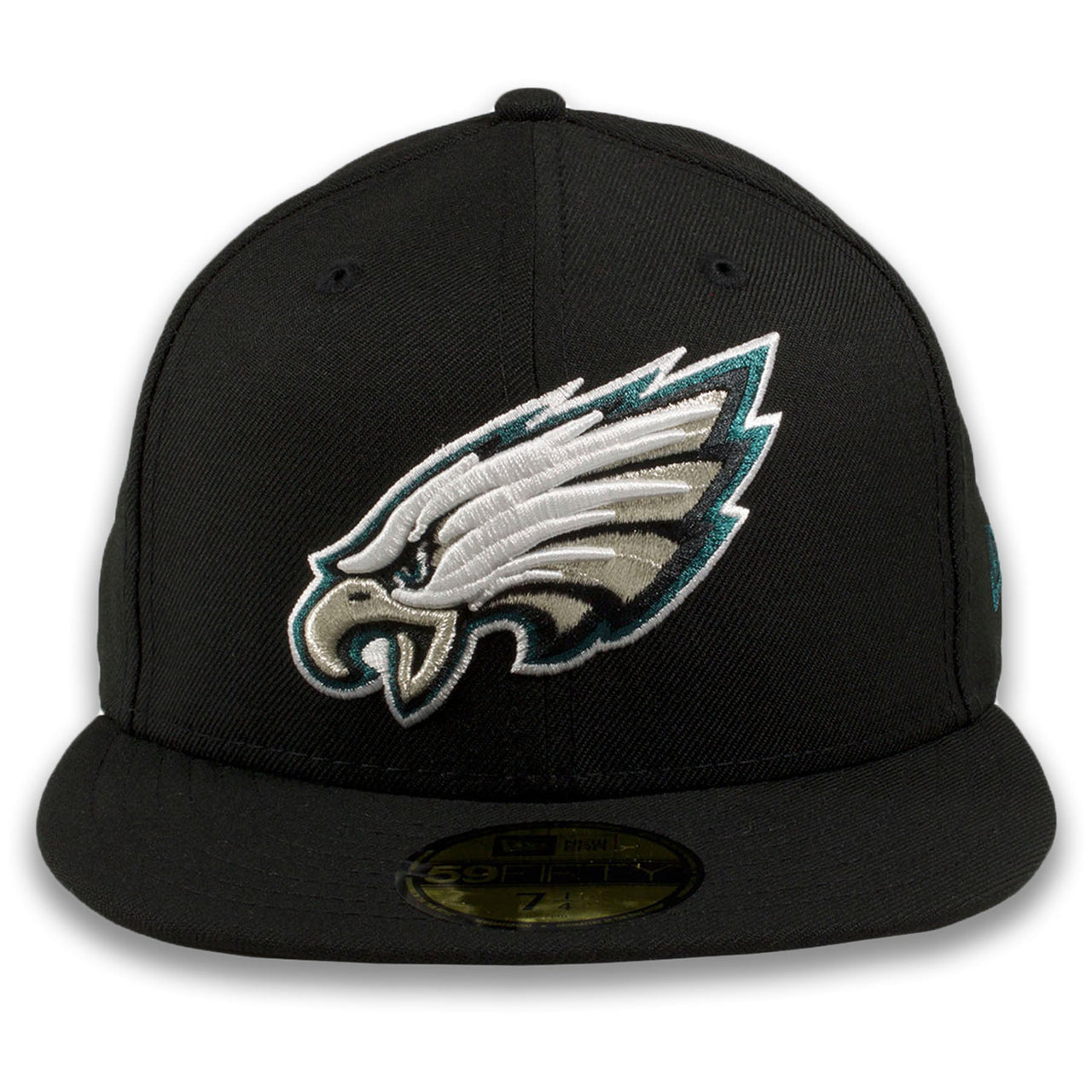 Eagles Black fitted with white current logo fitted on field 5950 hats Current day Wentz style fitted hat includes eagles font lettering on back