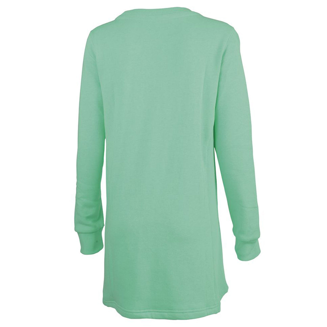 the body of the women's mint crew-neck sweater is slightly extended