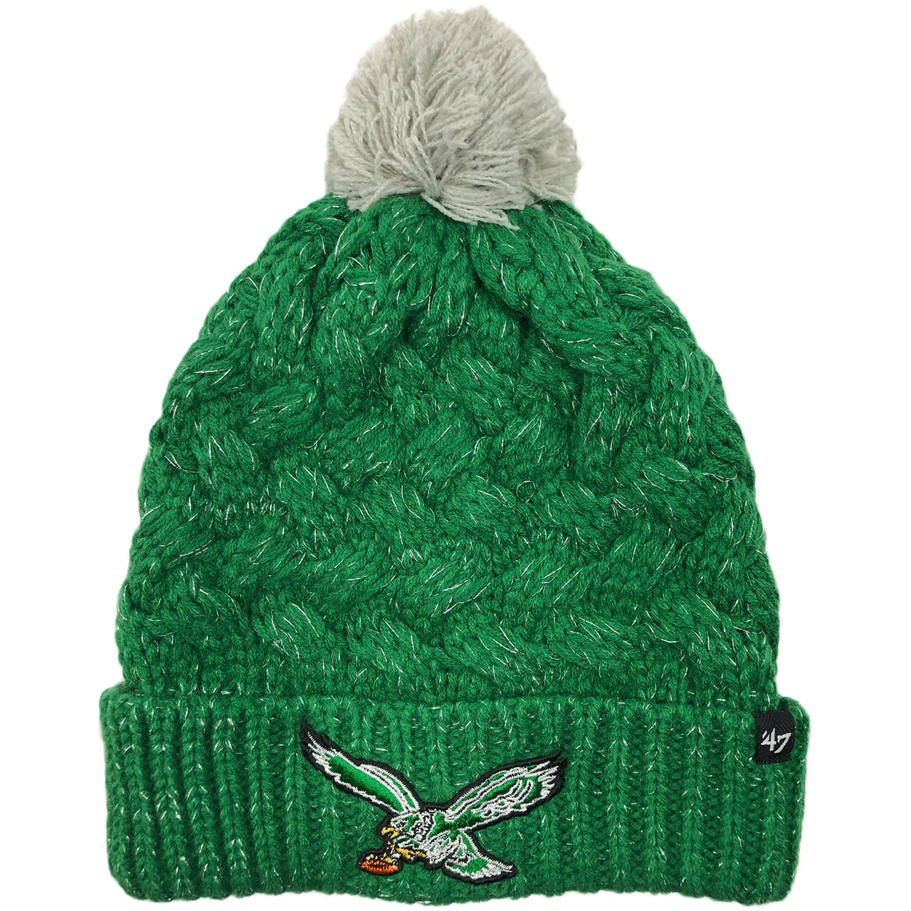 The women's throwback kelly green Philadelphia Eagles knit pom beanie is kelly green and silver with the vintage Eagles logo embroidered on the front in kelly green, white, and black.
