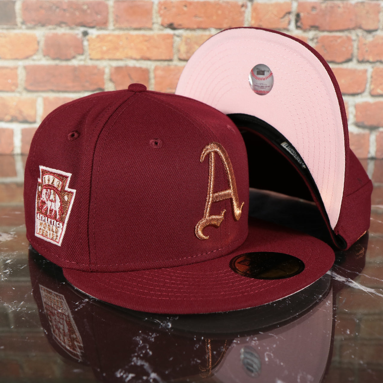 Philadelphia Athletics Glow In the Dark 1929 World Series Side Patch Pink Bottom Cardinal 5950 Fitted Cap | Pumpkin Wine