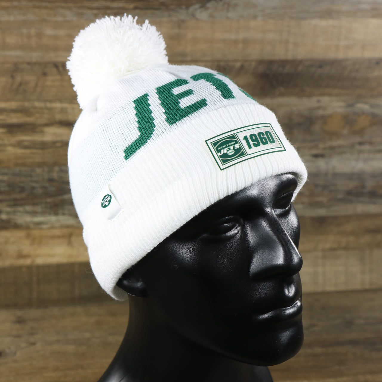 New York Jets On Field Rubber Jets 1960 Patch Cuffed Pom Pom Winter Beanie | White Winter Beanie