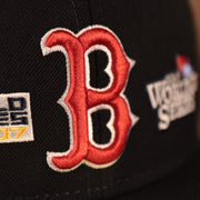 Close up of the Boston Red Sox logo on the Boston Red Sox All Over World Series Side Patch 9x Champ Gray Bottom 59Fifty Fitted Cap