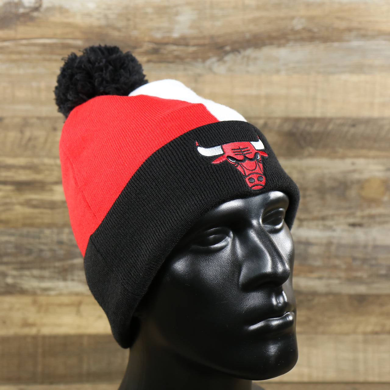 Chicago Bulls Cuffed Logo Split Beanie With Black Pom Pom | Red, White, And Black Beanie