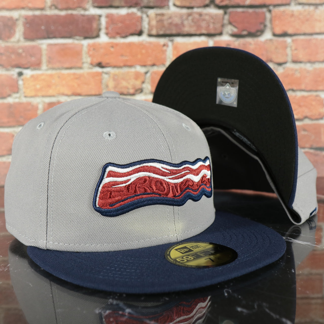 Lehigh Valley Ironpigs On Field Plain Jane 2014 Ironpigs Bacon Logo MiLB Black Bottom 2 Tone | Navy/Grey 59Fifty Fitted Cap