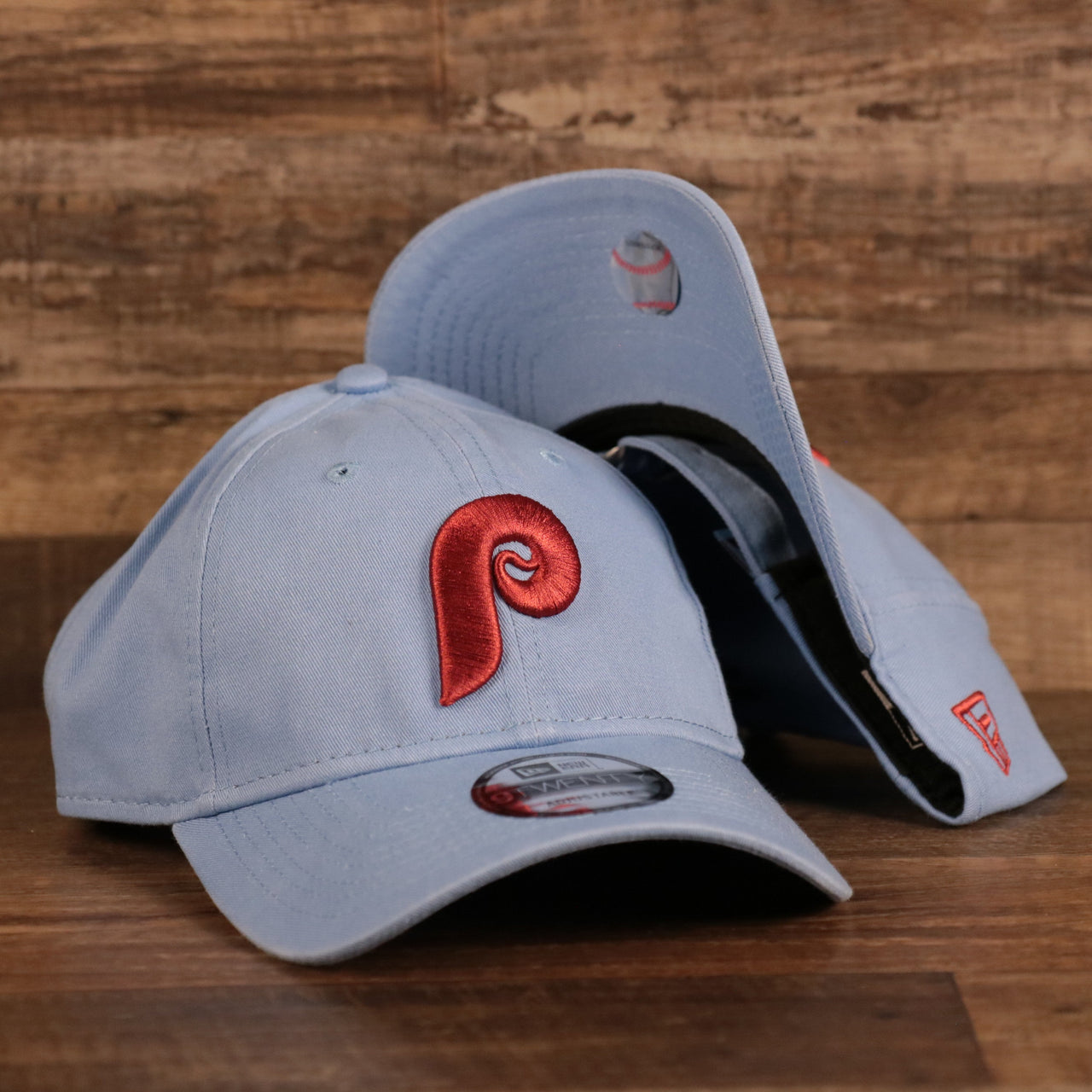 NEW ERA | PHILADELPHIA PHILLIES |  COOPERSTOWN PHILLIES LOGO FRONT | CUSTOM CAP | VINTAGE LOGO CAROLINA BLUE WITH CARDINAL LOGO | 9TWENTY DAD HAT | LIGHT BLUE | OSFM