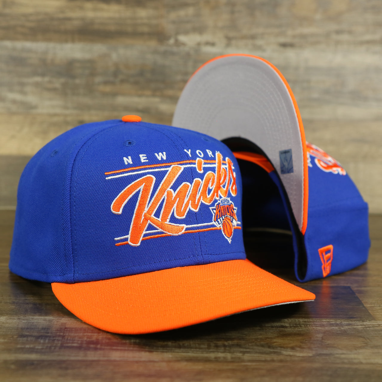 New York Knicks "Team Script" College Bar Grey Bottom 9Fifty Snapback | Blue/Orange Knicks 950 Snap Cap