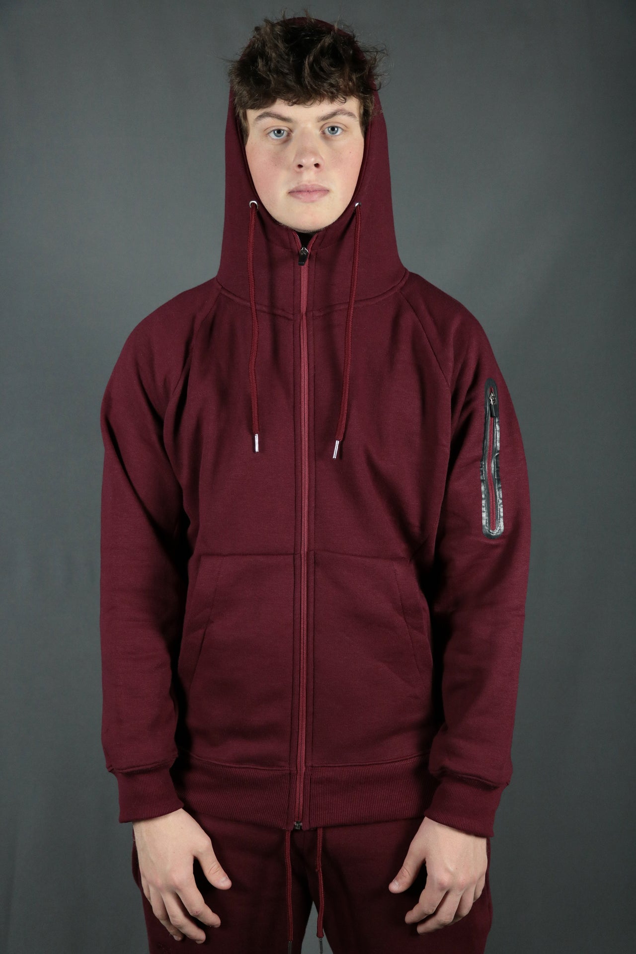 Maroon Unbasic Fleece Stash Pocket Sunset Park Tapered Zipper Hoodie | Fleece Dark Red Hoodie