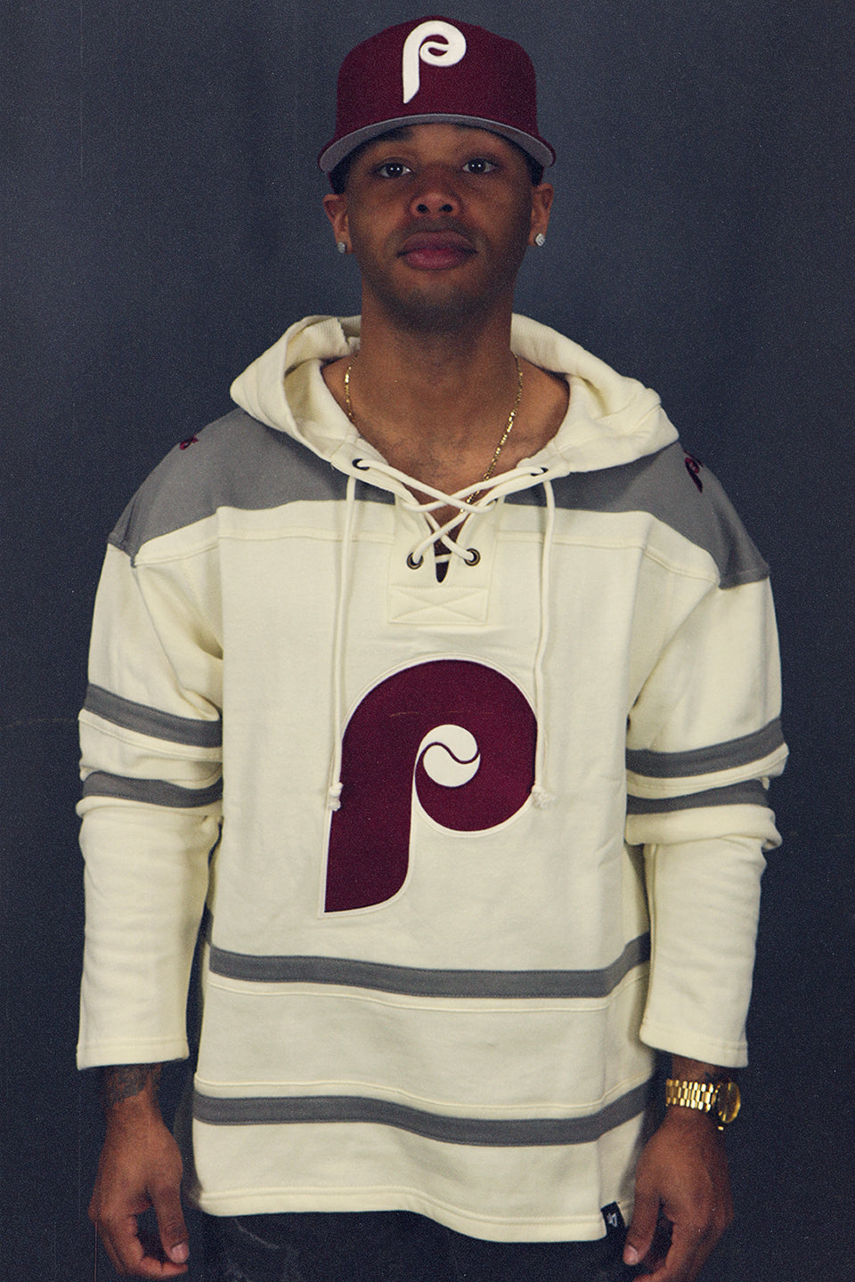 Philadelphia Phillies Vintage Hockey 47 Lacer Hoodie |  Cream, Gray, Maroon