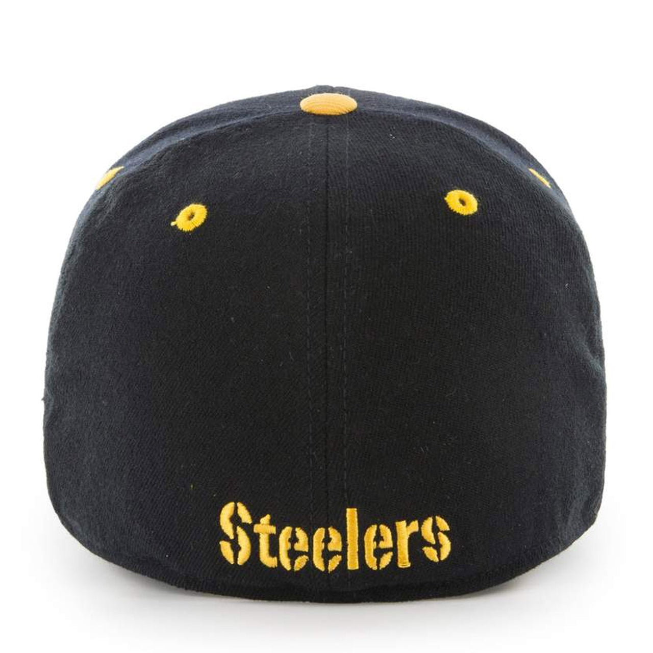 On the back of the Pittsburgh Steelers Stretch Fit Hat is the steelers wordmark embroidered in yellow