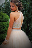 Charming Two Piece A-Line Halter Beading Sleeveless Tulle Homecoming Dresses SH9625