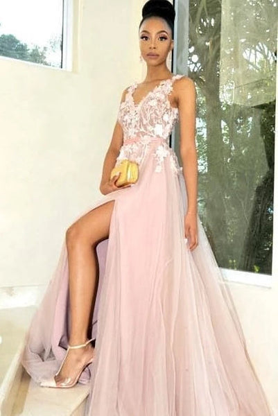 A-line V-neck Appliques Pink Long Prom Dress Evening Dress with Split PR9726