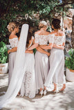 Two Piece A Line Ankle Length Off Shoulder Lace Bridesmaid Dress, Wedding Party Dress SH9688