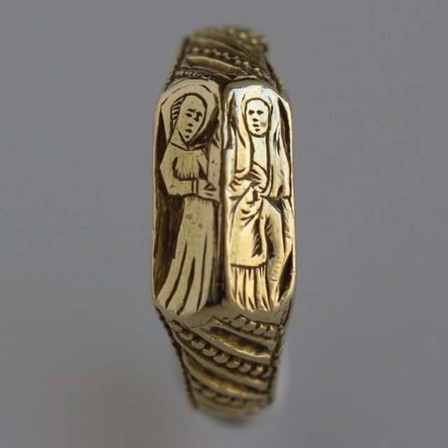 Iconographic ring, 15th century, St Anne teaching The Virgin to read, inscribed 'Null si bien'  - Juraster