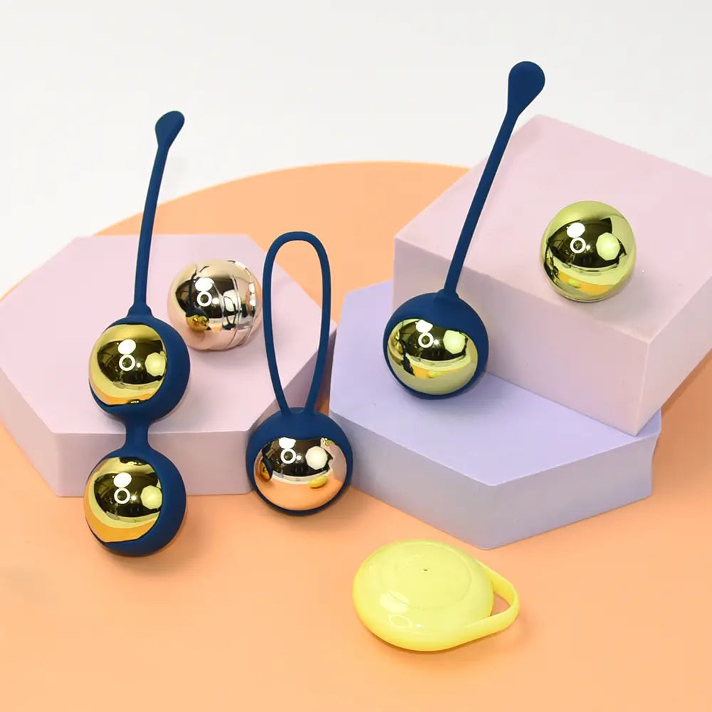 Kegel balls on a pastel-coloured stand and background