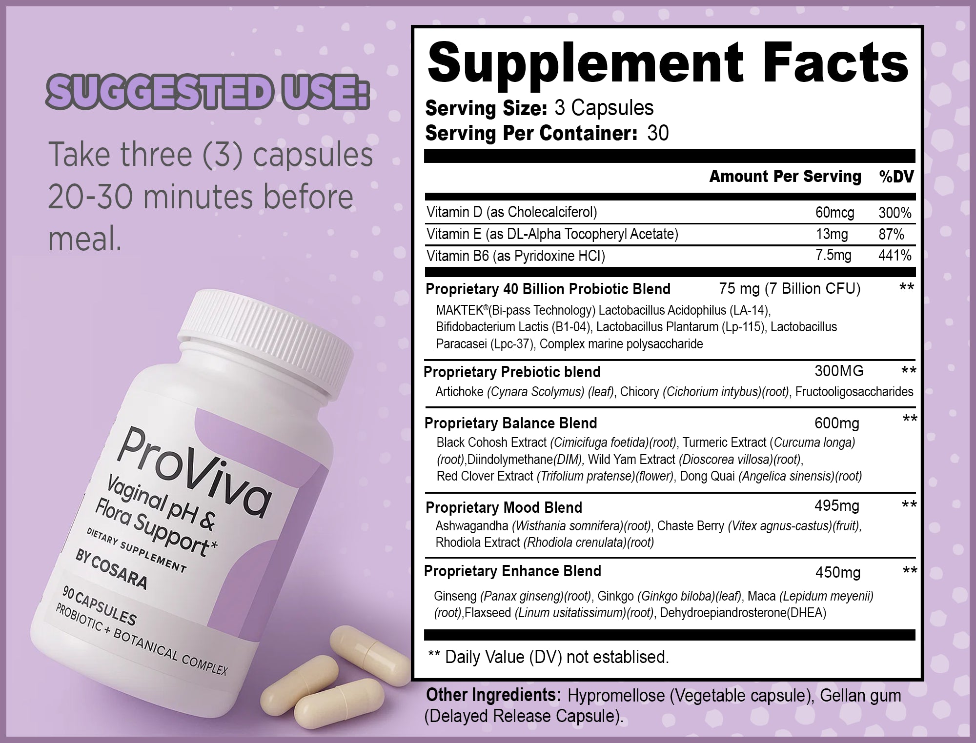 ProViva vaginal pH and flora support supplement with label and capsules on a purple background