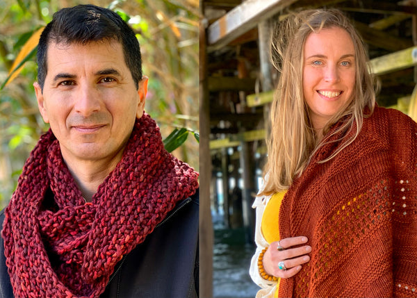 Jay and Nikki, Founders of Laneras Yarn Co., wearing red knitted garments