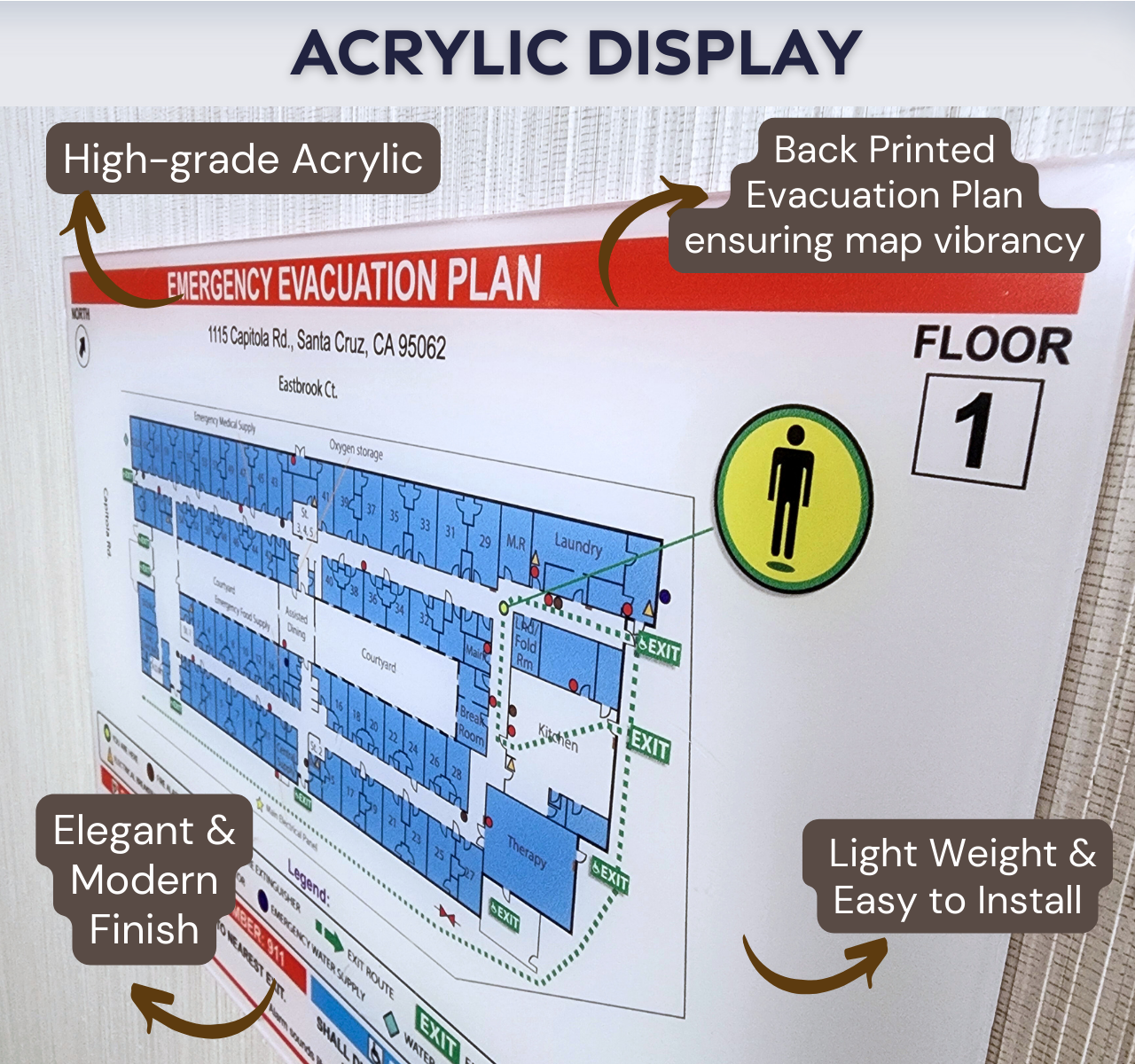 Custom evacuation floor plan on acrylic sign