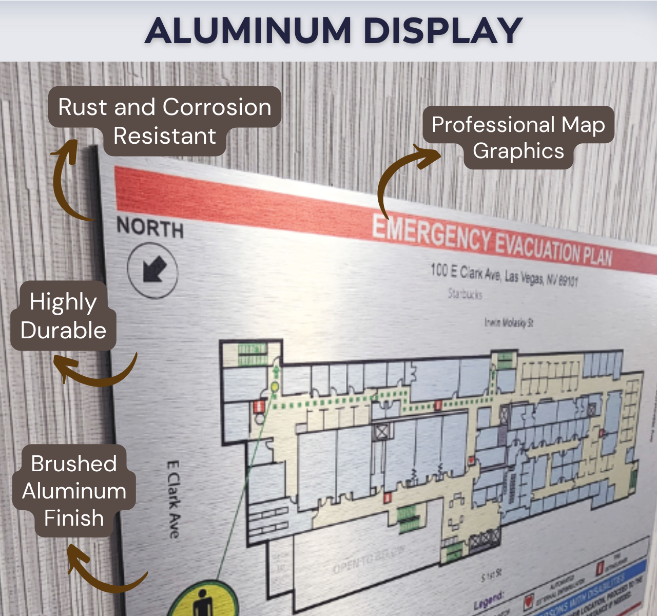 Custom evacuation floor plan on brushed aluminum sign