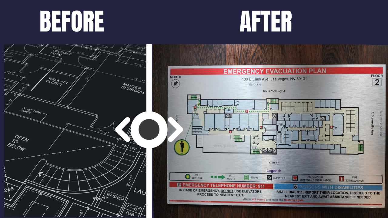 Architectural blueprint to custom evacuation floor plan