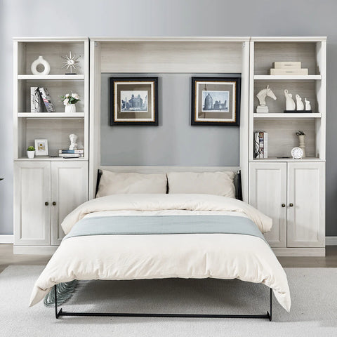 Stylish full-size Murphy bed seamlessly integrated into a modern small space, featuring elegant side cabinets and shelves, bright and airy ambiance, contemporary design elements, minimalist aesthetic, soft color palette, showcasing functionality and style within a compact living area.