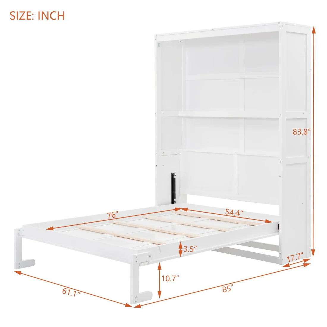 A well-lit, full-size wall bed with a sleek, minimalist shelving unit in the foreground.