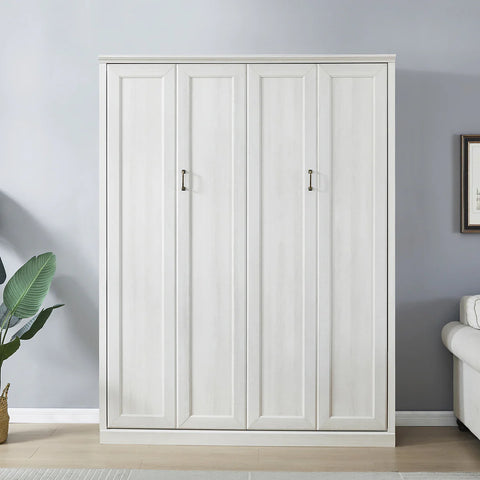 A stylish and modern queen size Murphy bed elegantly folded up against a chic wall in a cozy, minimalist bedroom, showcasing rich wooden finishes and soft ambient lighting, with decorative pillows neatly arranged on a plush bedding set peeking from the sides.